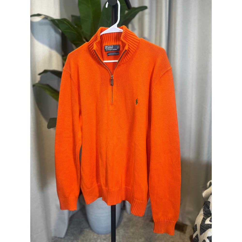 Polo Ralph Lauren Mens Orange 100% Cotton Quarter Zip Pullover Sweater Large